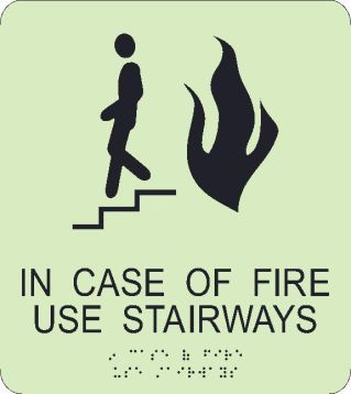 GLOW IN CASE OF FIRE USE STAIRWAYS BRAILLE SIGN