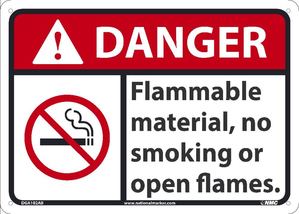 DANGER FLAMMABLE MATERIAL NO SMOKING OR OPEN FLAMES SIGN, 10X14