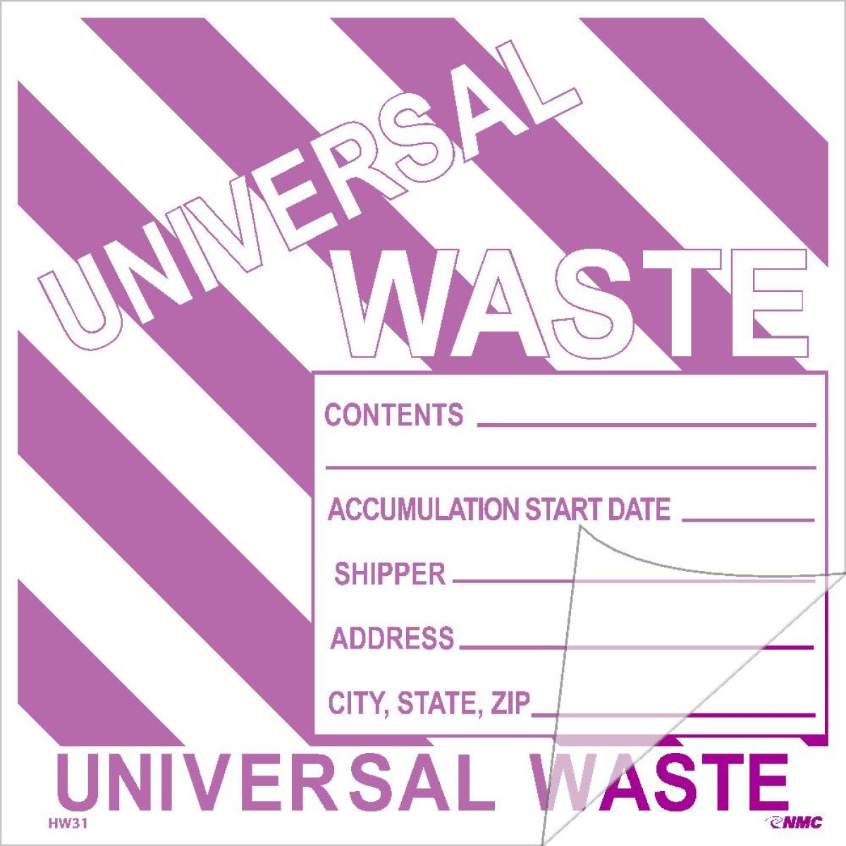 UNIVERSAL WASTE WITH PURPLE STRIPES SELF-LAMINATING LABEL